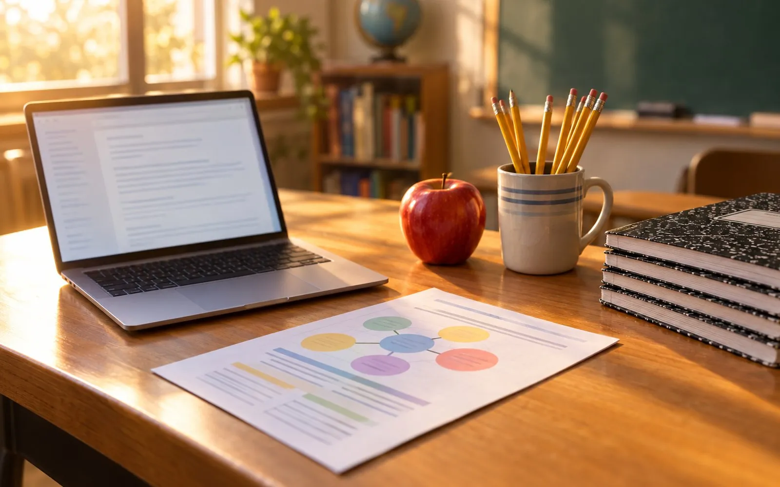 A teacher's desk in morning light with a laptop and a printed lesson plan