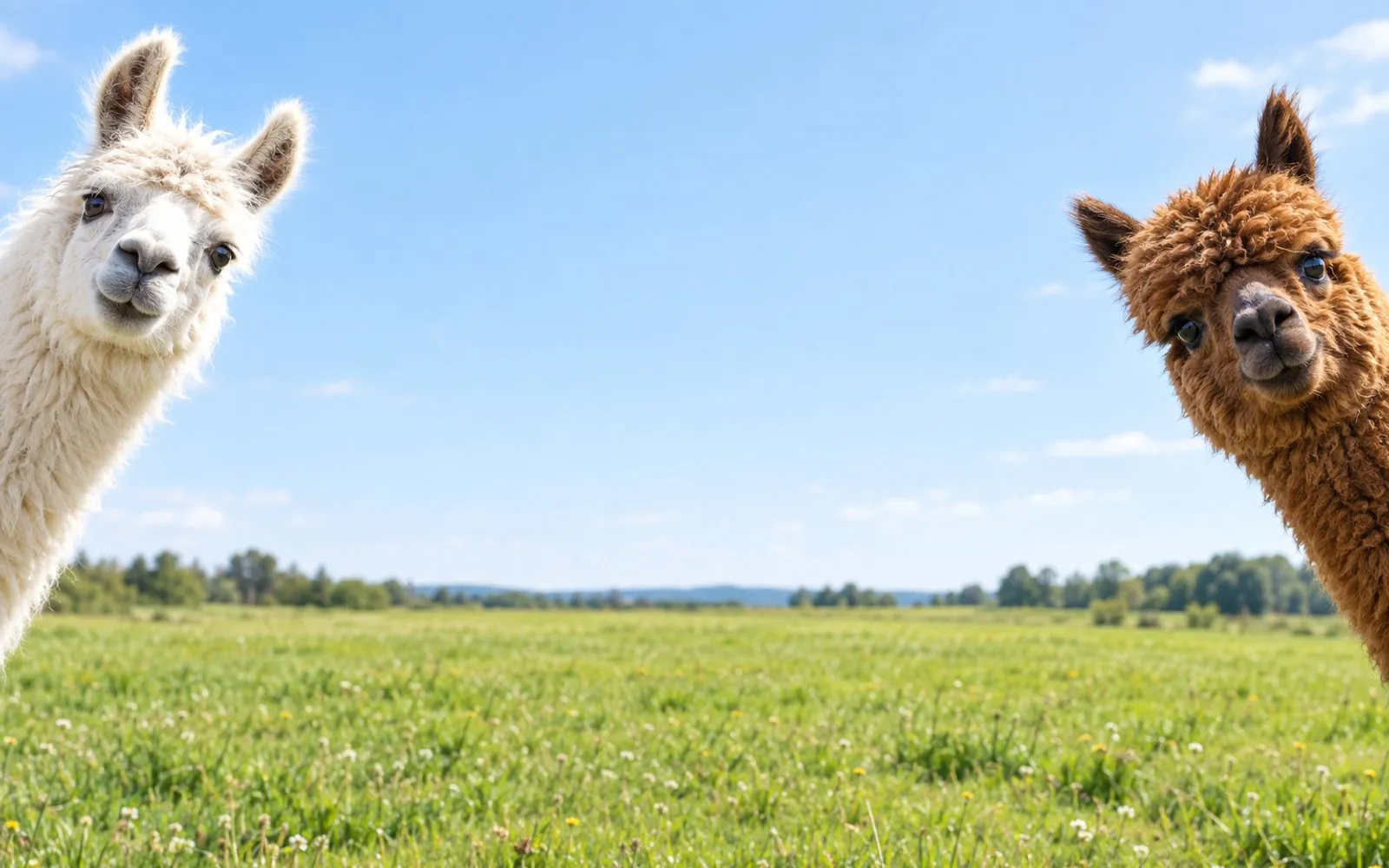 A white llama and a brown alpaca peering into the frame from either side of a meadow