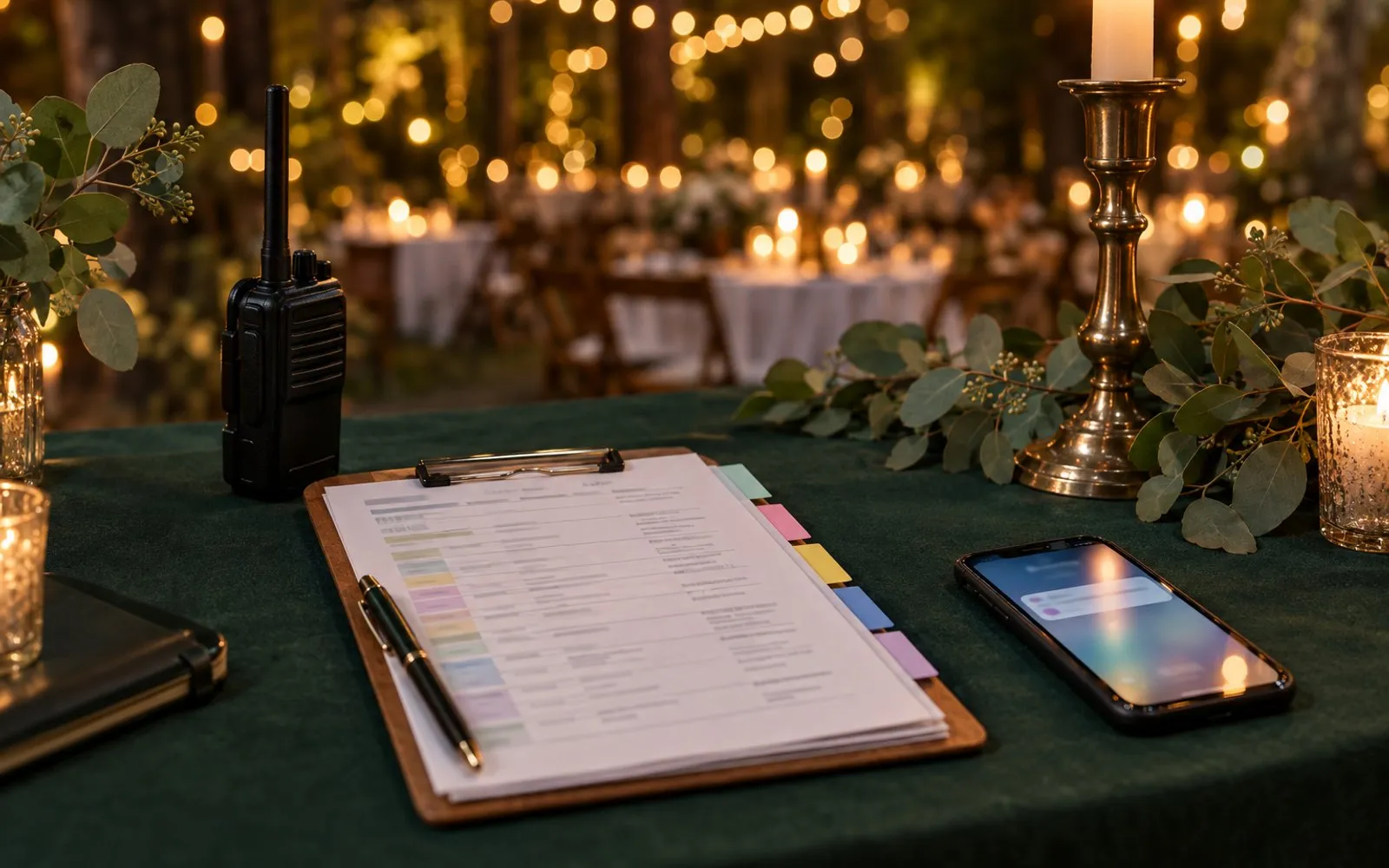 A wedding coordinator's table at an evening reception: clipboard run of show, walkie-talkie, phone, candles